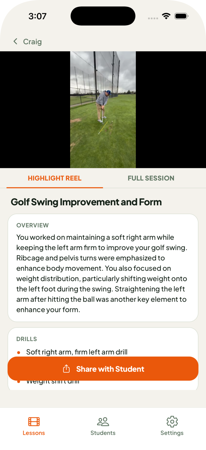 SwingClips lesson screen — Highlight Reel for Craig, with Overview and Drills
